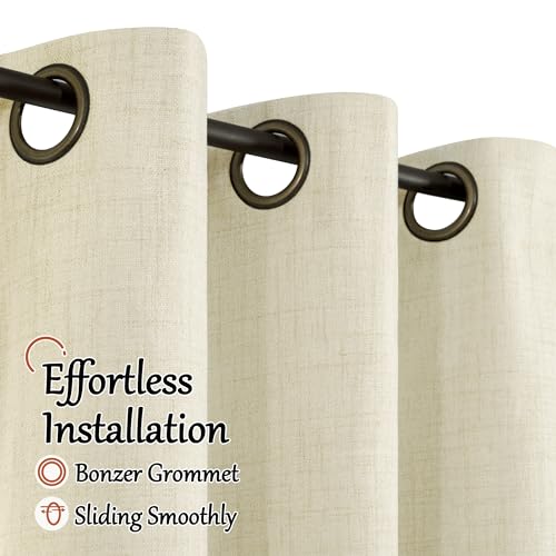 Cream 100% Blackout Faux Linen Curtains 84 Inch Length 2 Panels Set H119674