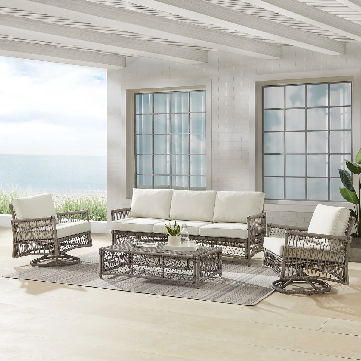 4Pc Outdoor Wicker Swivel Rocker And Sofa Set Creme/Driftwood M4965