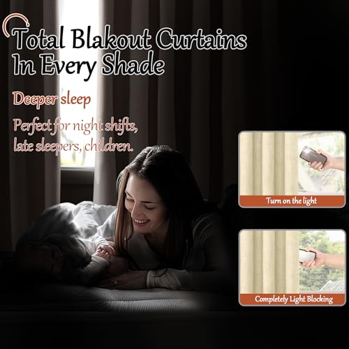 Cream 100% Blackout Faux Linen Curtains 84 Inch Length 2 Panels Set H119674