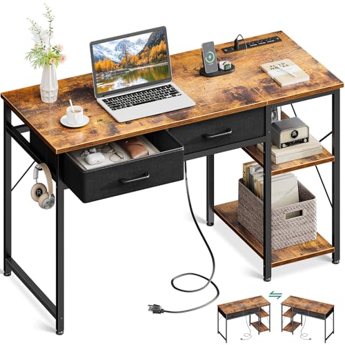 40 Inch White Small Computer Desk With Drawers & Power Outlet W5703