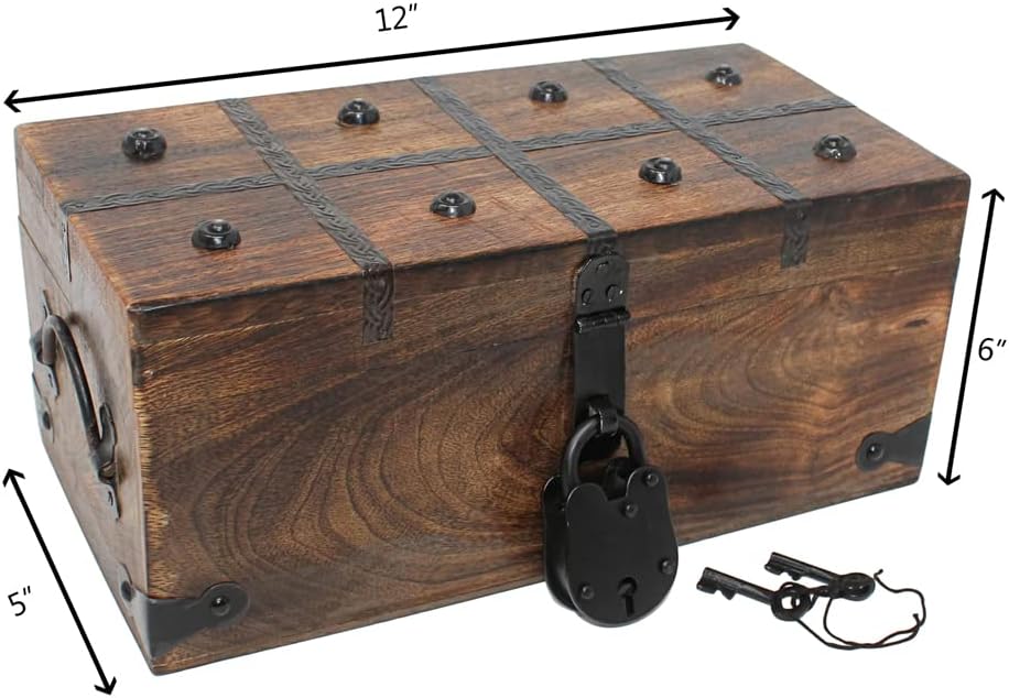Treasure Chest Wooden Box with Antique Iron Lock and Skeleton Key W5908