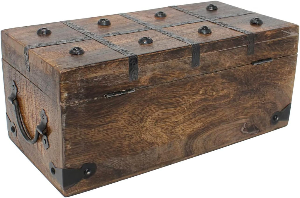 Treasure Chest Wooden Box with Antique Iron Lock and Skeleton Key W5908