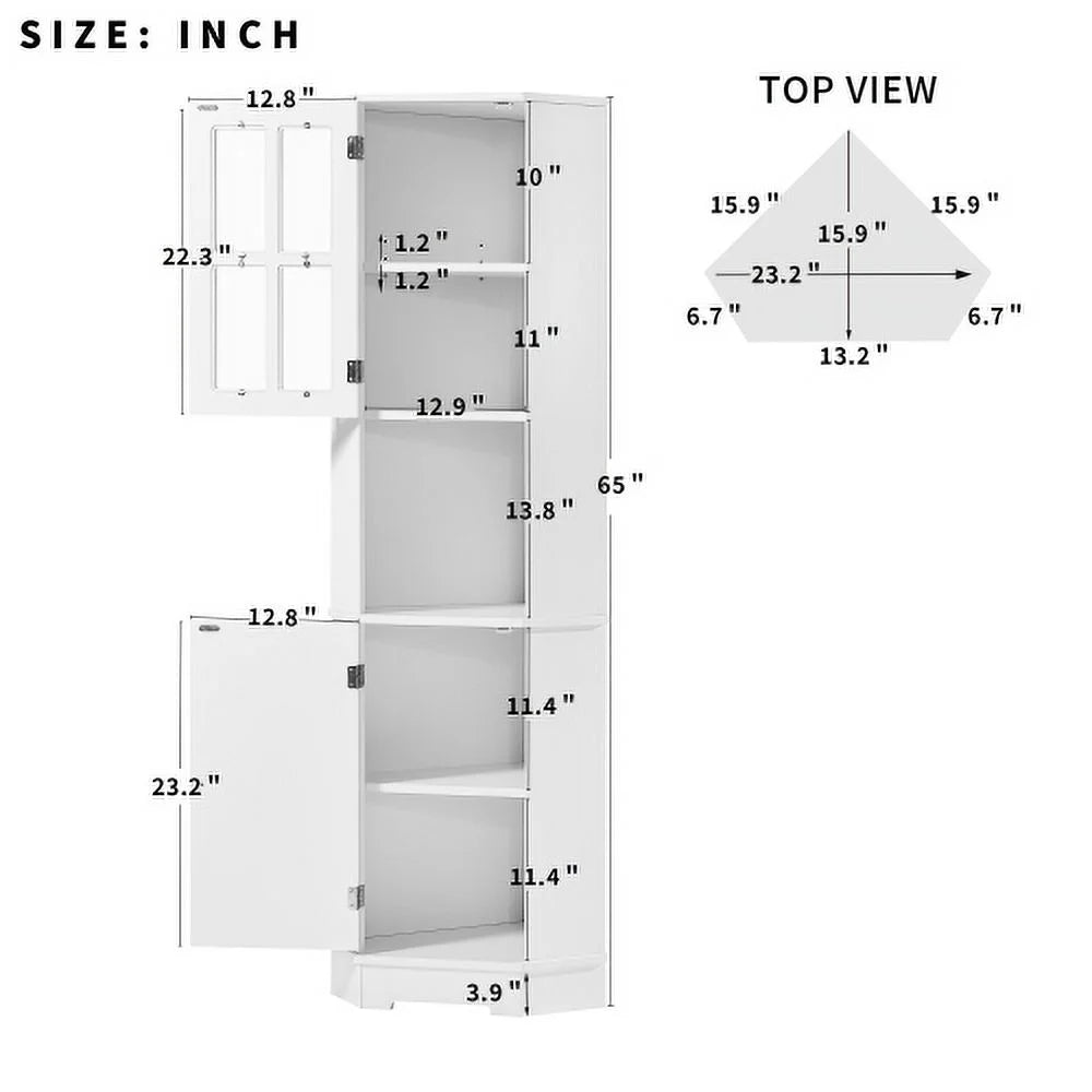 White Tall Bathroom Storage Cabinet with Glass Door R547845