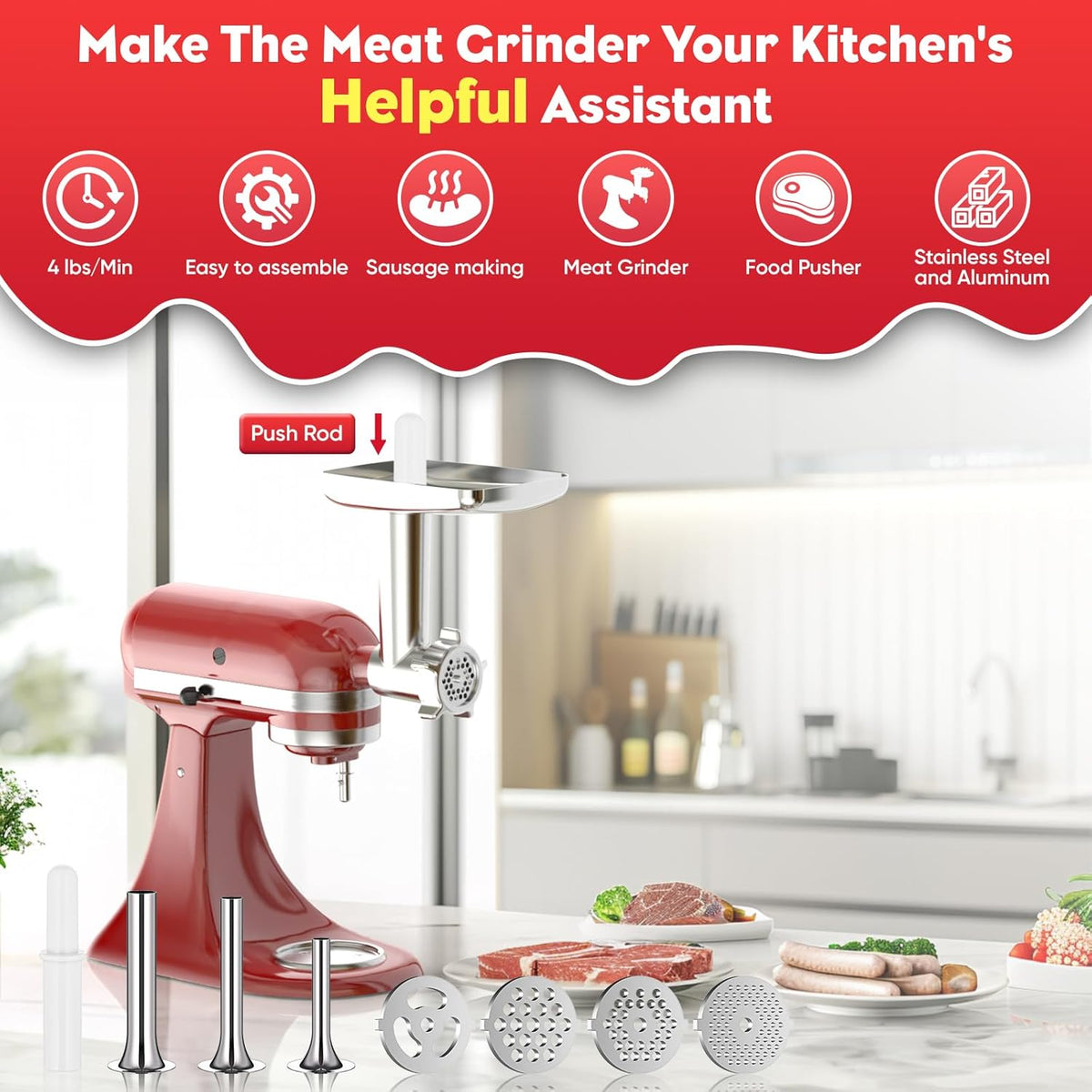 Meat Grinder Attachment for Kitchenaid Stand Mixers with 4 Grinding Plates, 3 Sausage Stuffer Tubes, 2 Grinding Blades I5137