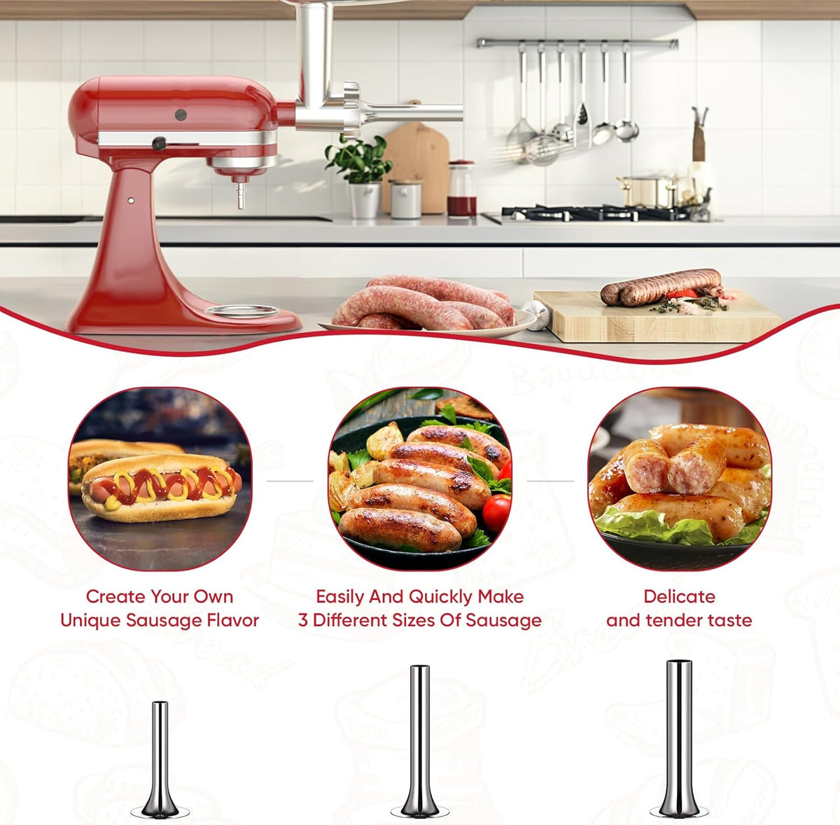 Meat Grinder Attachment for Kitchenaid Stand Mixers with 4 Grinding Plates, 3 Sausage Stuffer Tubes, 2 Grinding Blades I5137
