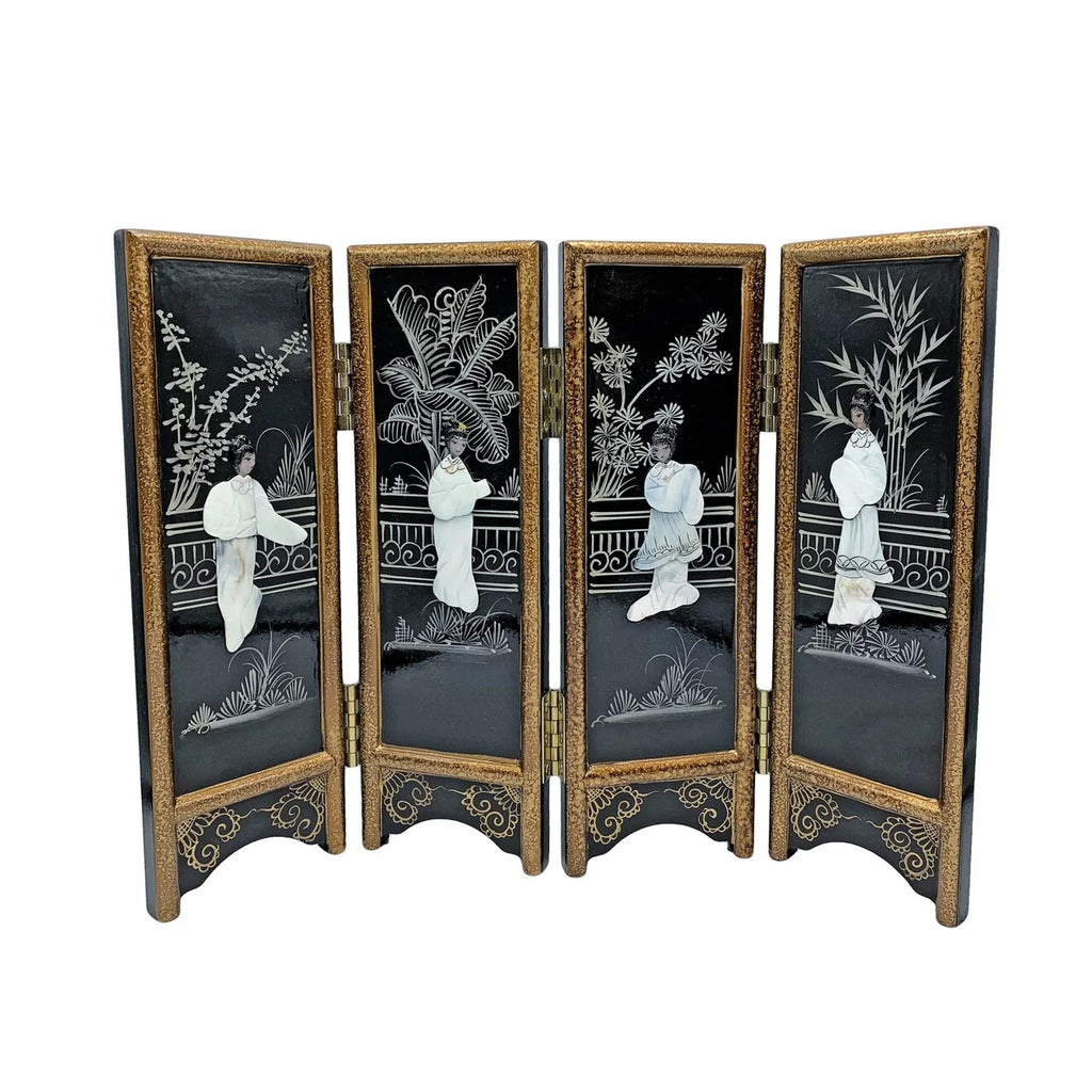 14" Hand Painted Black Lacquer with Mother of Pearl Folding Screen T6939