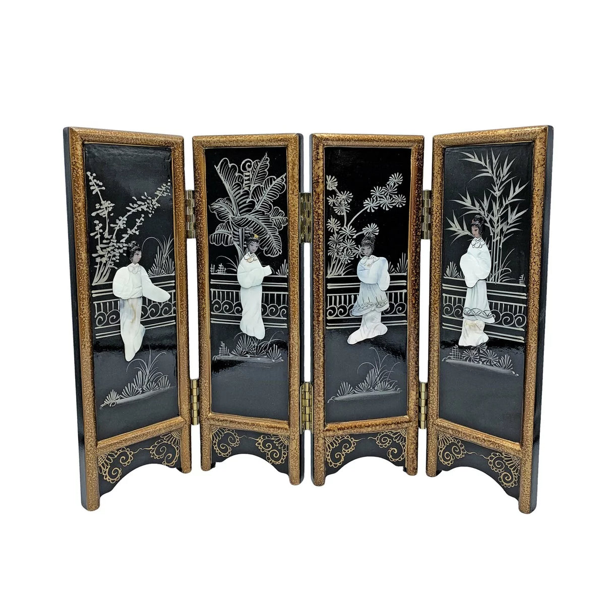 14" Hand Painted Black Lacquer with Mother of Pearl Folding Screen T6939