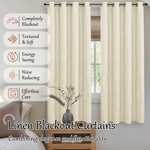 Cream 100% Blackout Faux Linen Curtains 84 Inch Length 2 Panels Set H119674