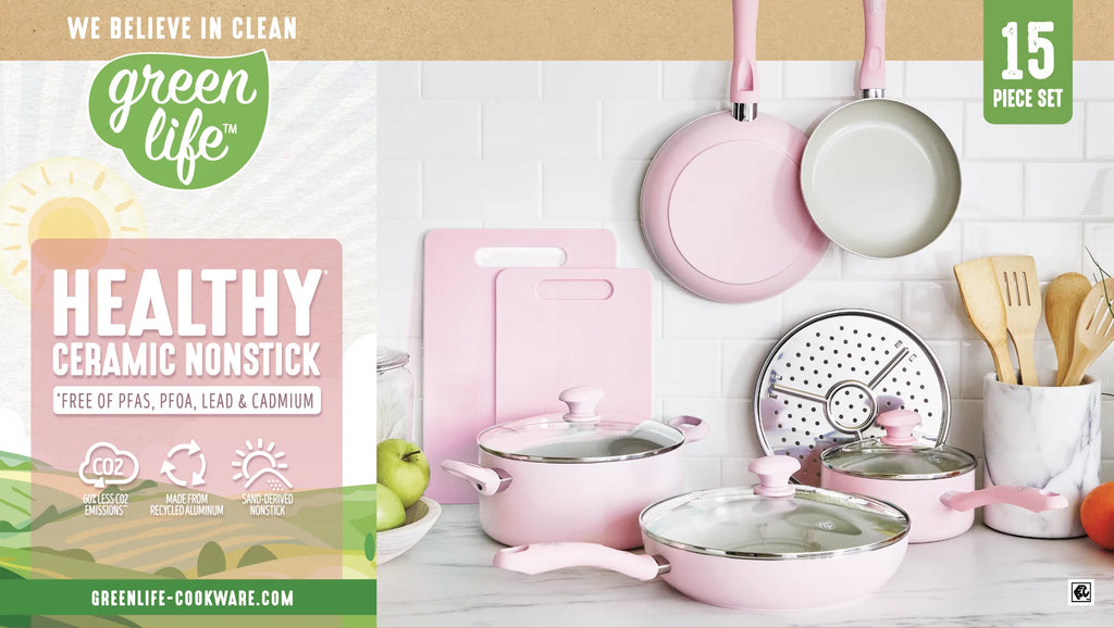 Pink 15pc Ceramic Nonstick Cookware Set S184663