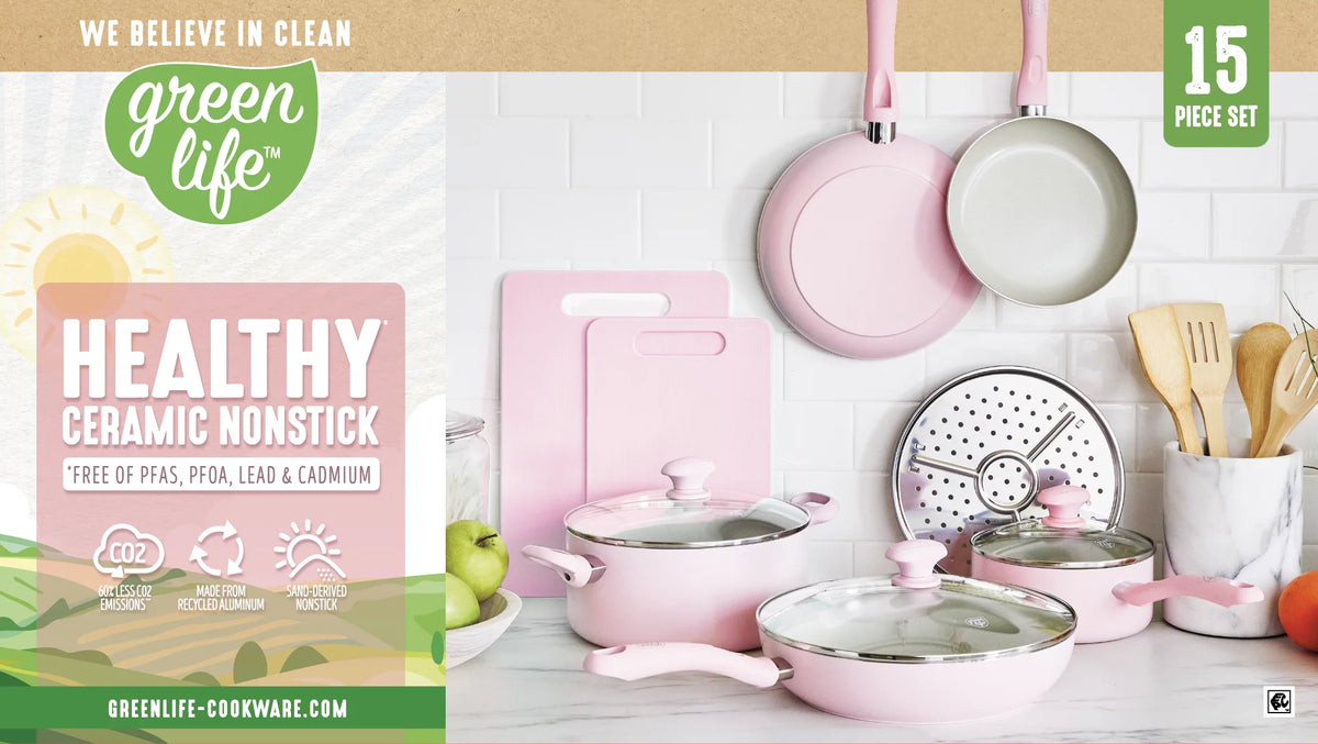 Pink 15pc Ceramic Nonstick Cookware Set S184663
