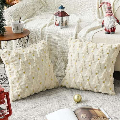 Christmas Tree Green Throw Pillow Cover Set of 2, 18 x 18 Inch Plush Faux Fur Jacquard H276