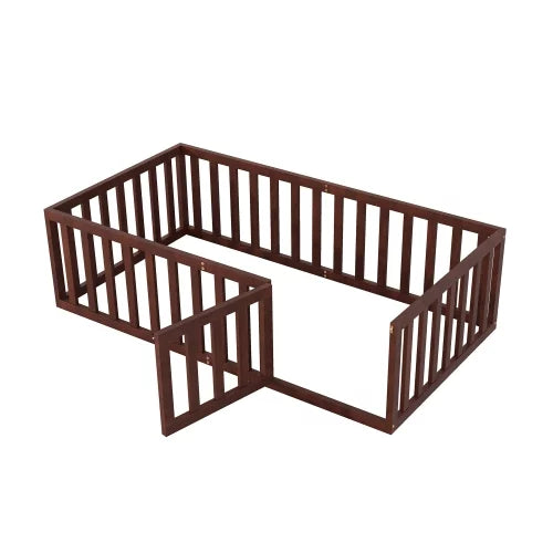 Twin Size Solid Wood Floor Bed Frame with Fence and Door K40139