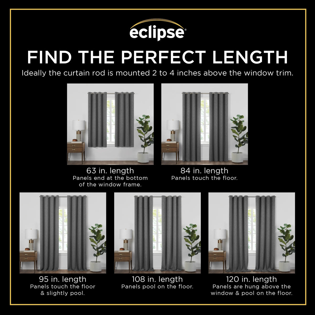 100% Blackout Faux Linen Grommet Curtains (2 Panels) 63x42 Charcoal Y337