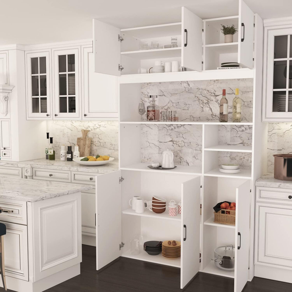 White Wood Kitchen Pantry Storage Cabinets with Hutch Buffet M439