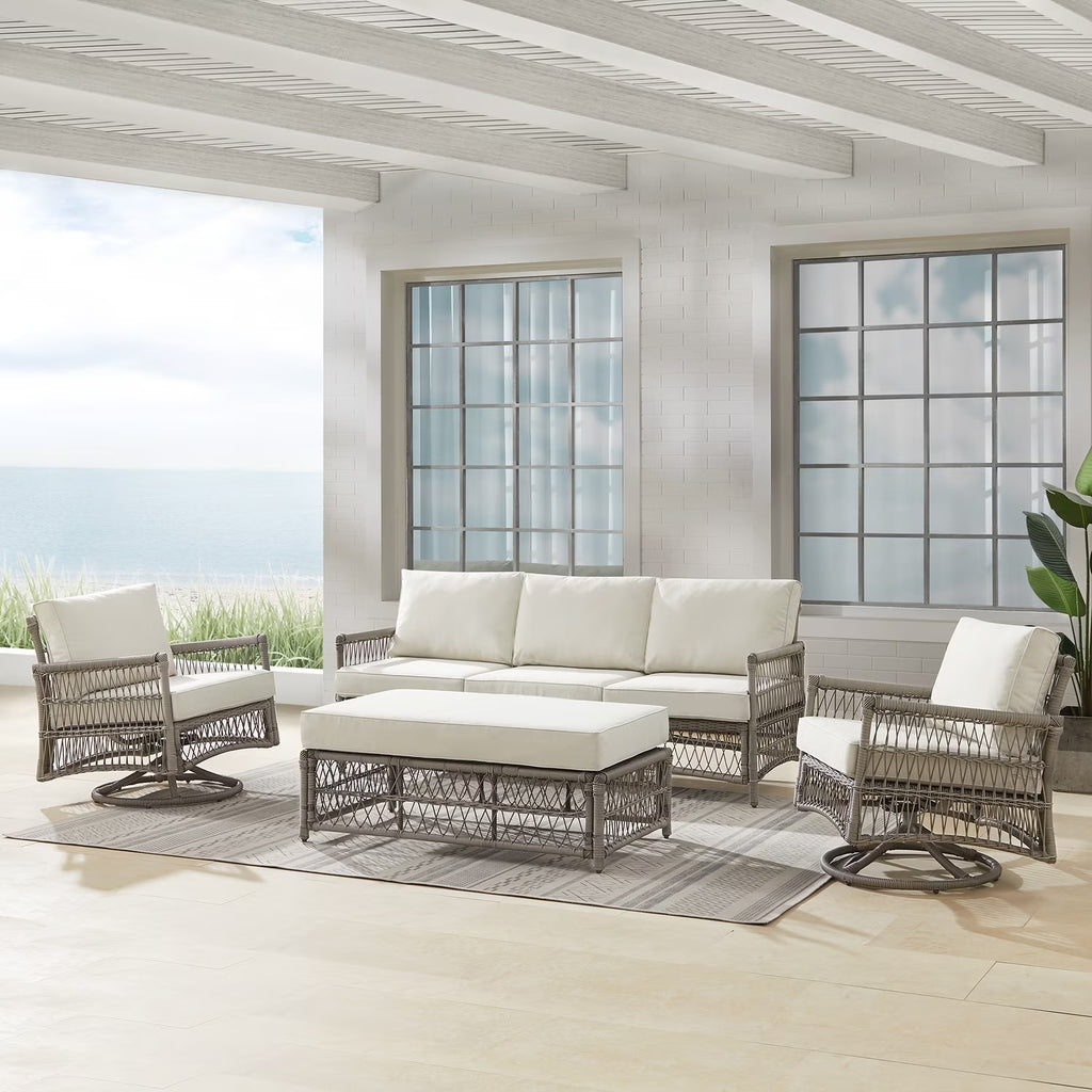 4Pc Outdoor Wicker Swivel Rocker And Sofa Set Creme/Driftwood M4965