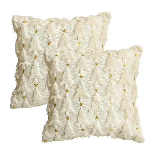 Christmas Tree Green Throw Pillow Cover Set of 2, 18 x 18 Inch Plush Faux Fur Jacquard H276