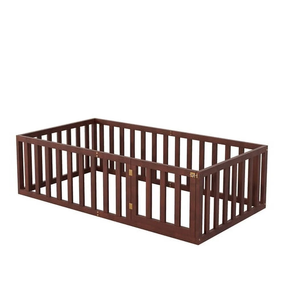 Twin Size Solid Wood Floor Bed Frame with Fence and Door K40139