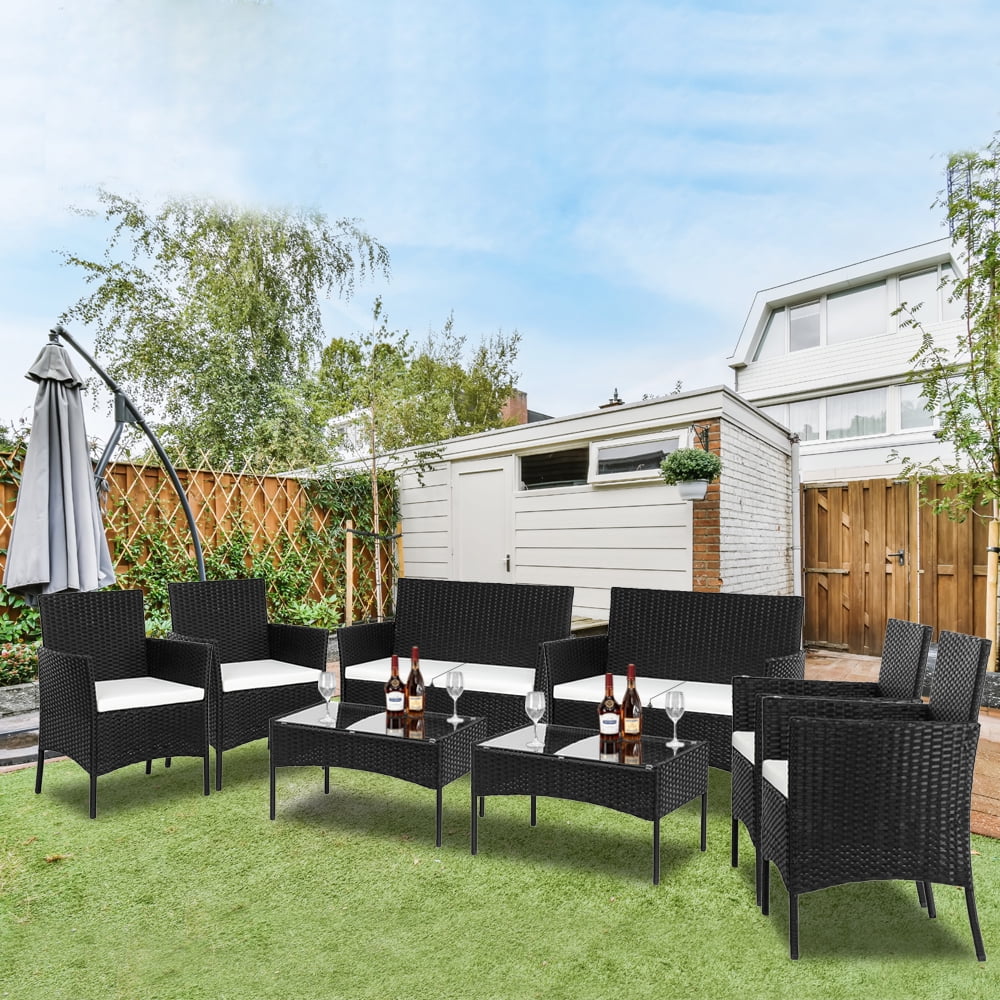4 Pcs Black Rattan Wicker Patio Conversation Set with Tempered Glass Table S93765