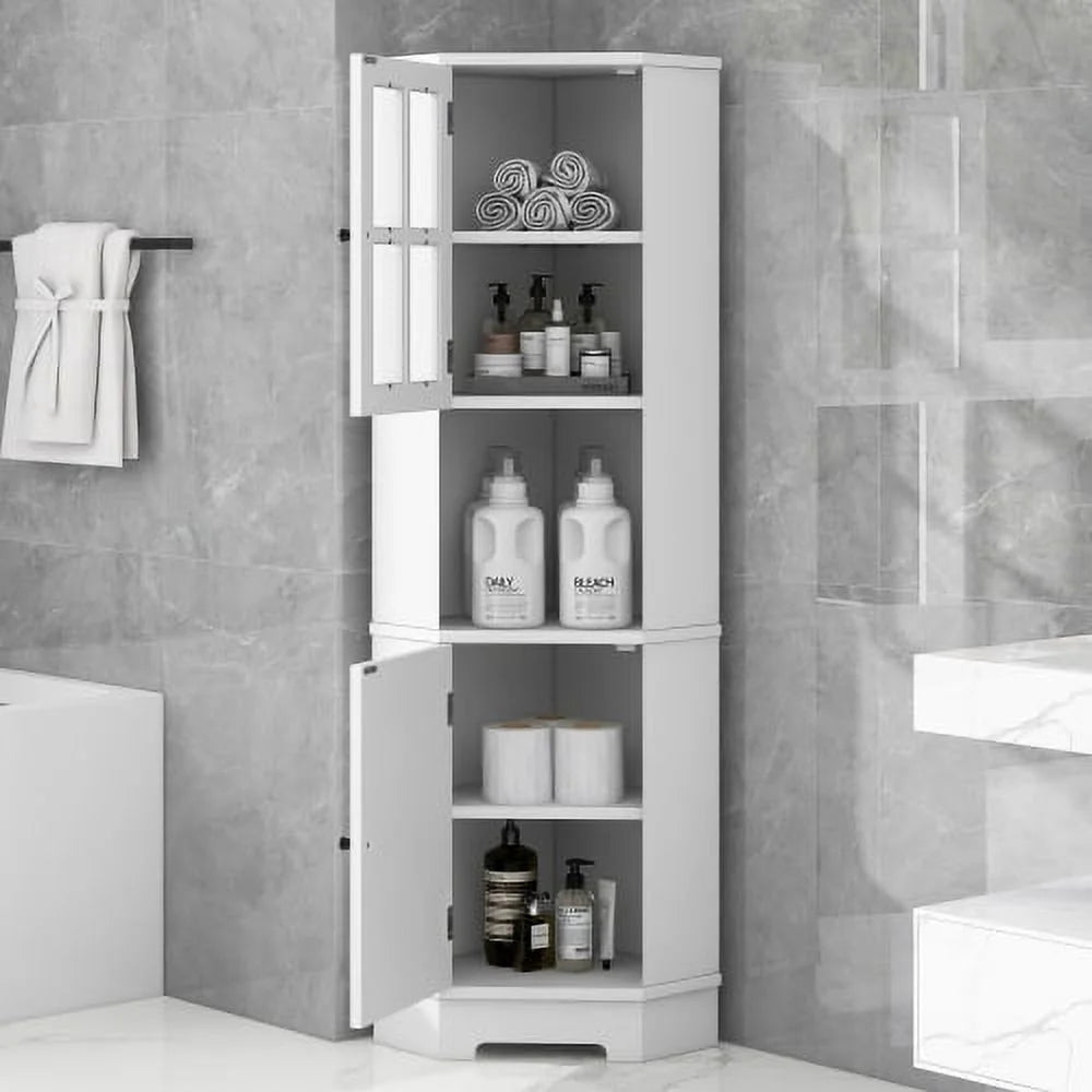 White Tall Bathroom Storage Cabinet with Glass Door R547845