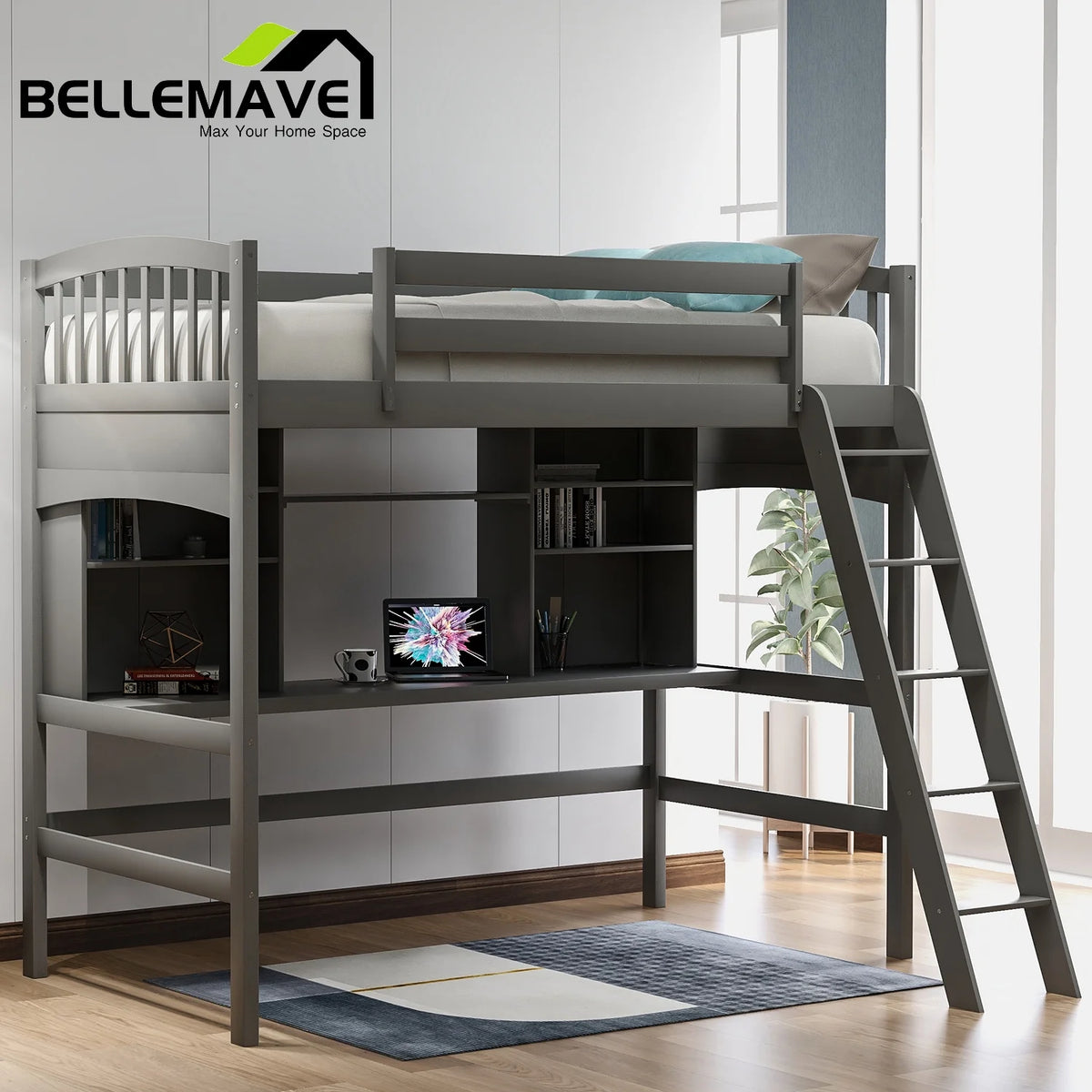 Gray Twin Size Wood Loft Bed with Shelves and Desk H4756