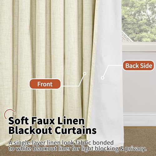 Cream 100% Blackout Faux Linen Curtains 84 Inch Length 2 Panels Set H119674