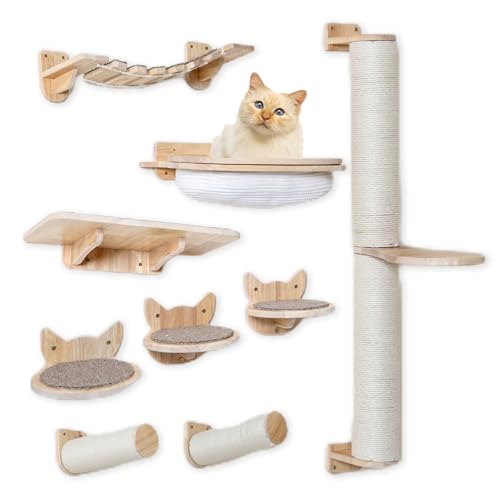 9 Piece Rubber Wood Cat Wall Shelves & Furniture Set X74955