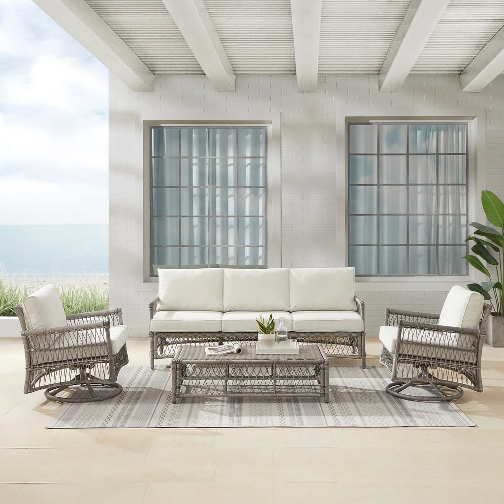 4Pc Outdoor Wicker Swivel Rocker And Sofa Set Creme/Driftwood M4965