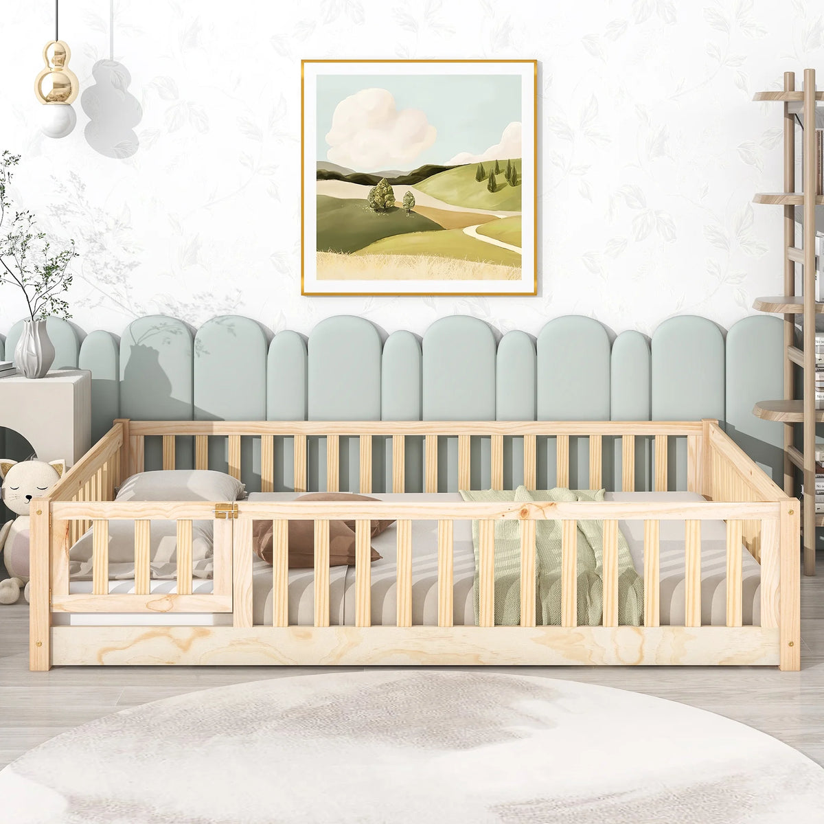 Gray Full Size Wood Platform Bed with Fence and Door G169955