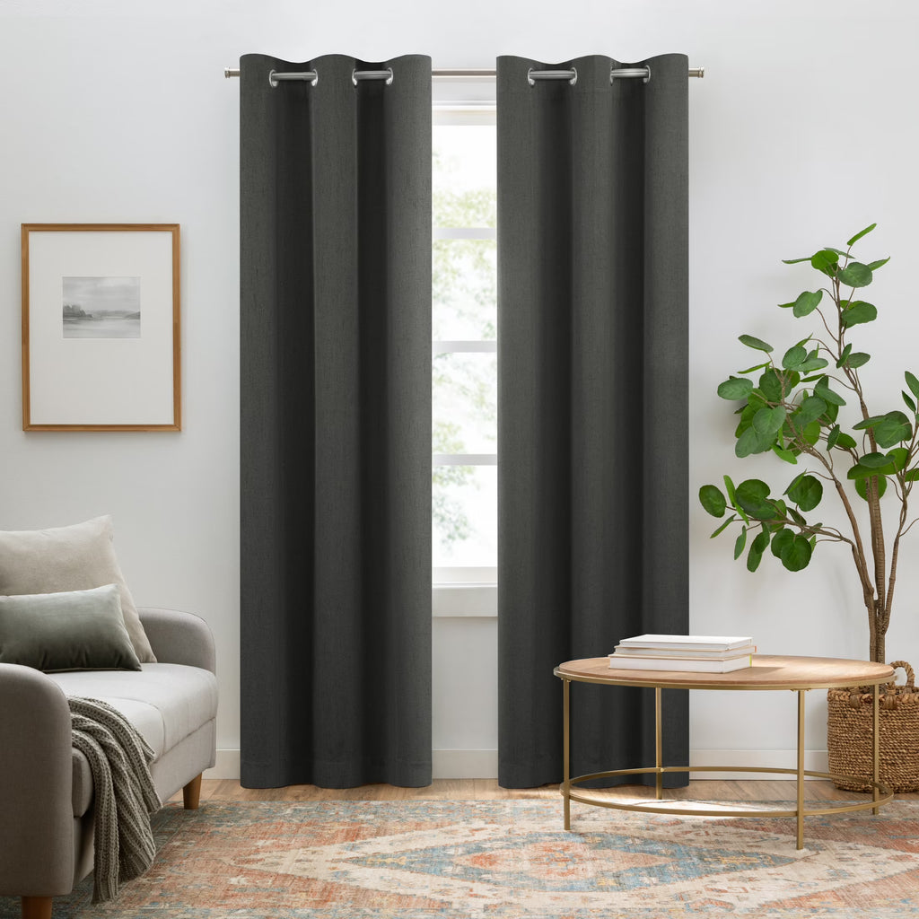 100% Blackout Faux Linen Grommet Curtains (2 Panels) 63x42 Charcoal Y337
