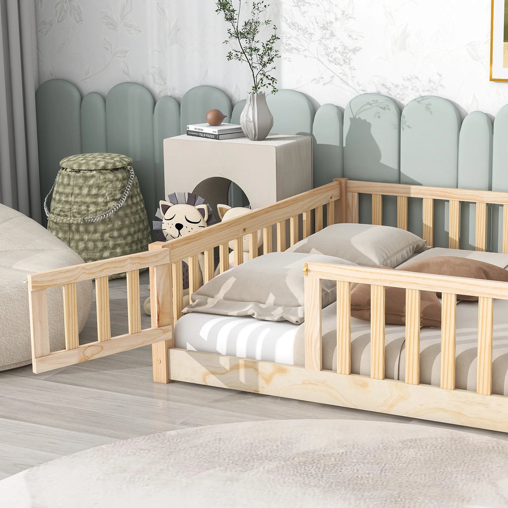Gray Full Size Wood Platform Bed with Fence and Door G169955