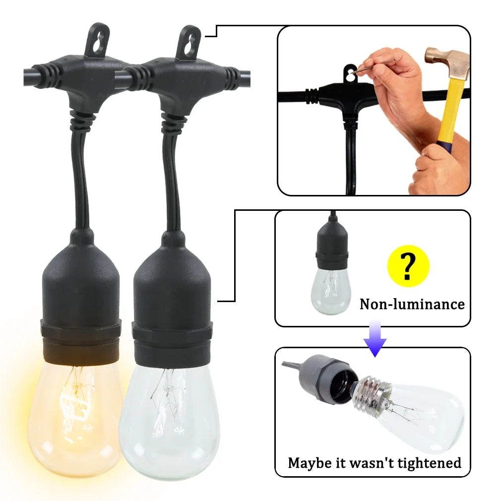 2 Pack Outdoor String Lights LED 48 FT 15 Sockets Weatherproof Edison Vintage Bulbs M58625