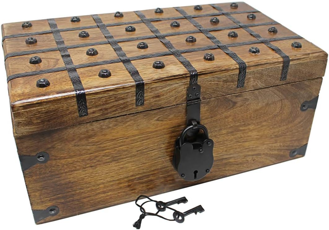 Treasure Chest Wooden Box with Antique Iron Lock and Skeleton Key W5908