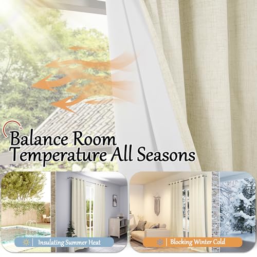 Cream 100% Blackout Faux Linen Curtains 84 Inch Length 2 Panels Set H119674
