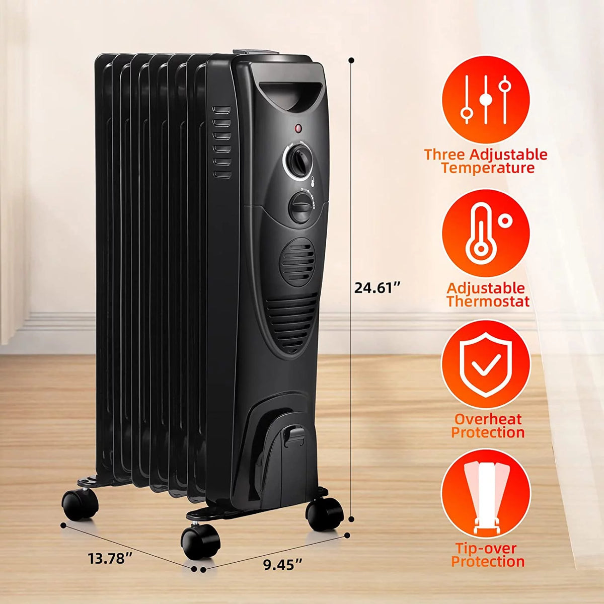 1500W Oil Filled Radiator Heater with 3 Heat Settings L906526