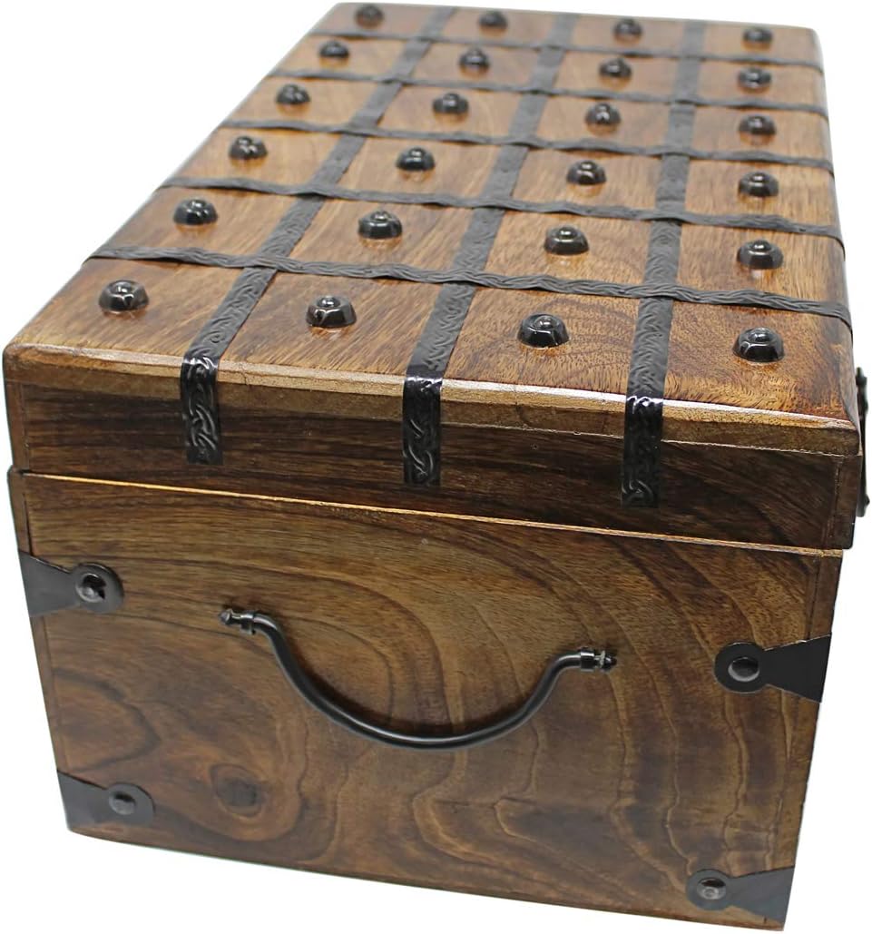 Treasure Chest Wooden Box with Antique Iron Lock and Skeleton Key W5908