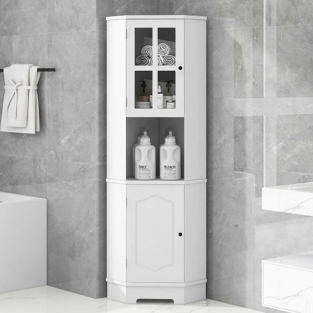 White Tall Bathroom Storage Cabinet with Glass Door R547845