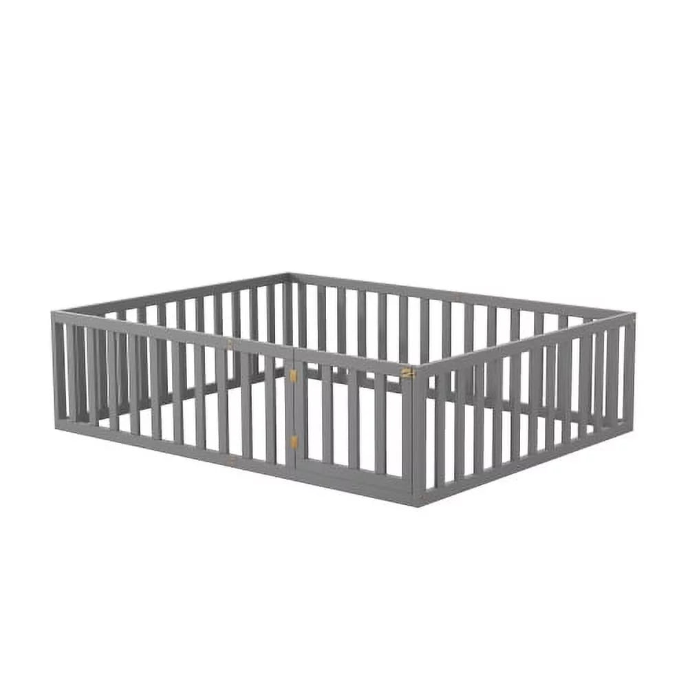 Twin Size Solid Wood Floor Bed Frame with Fence and Door K40139