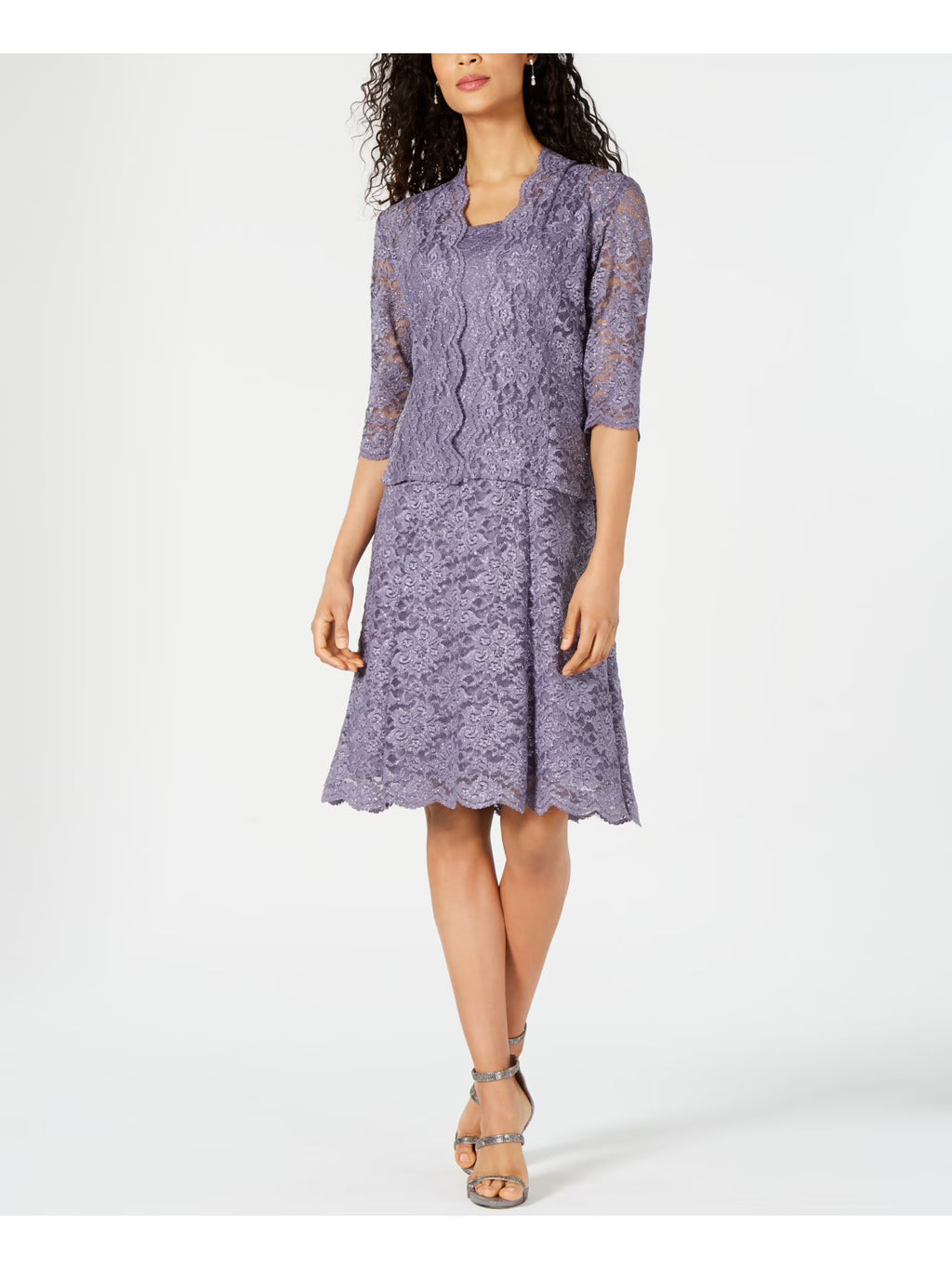 Purple Lace Glitter 3/4 Sleeve Scoop Neck Party Blouson Dress Z639