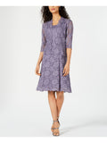 Purple Lace Glitter 3/4 Sleeve Scoop Neck Party Blouson Dress Z639