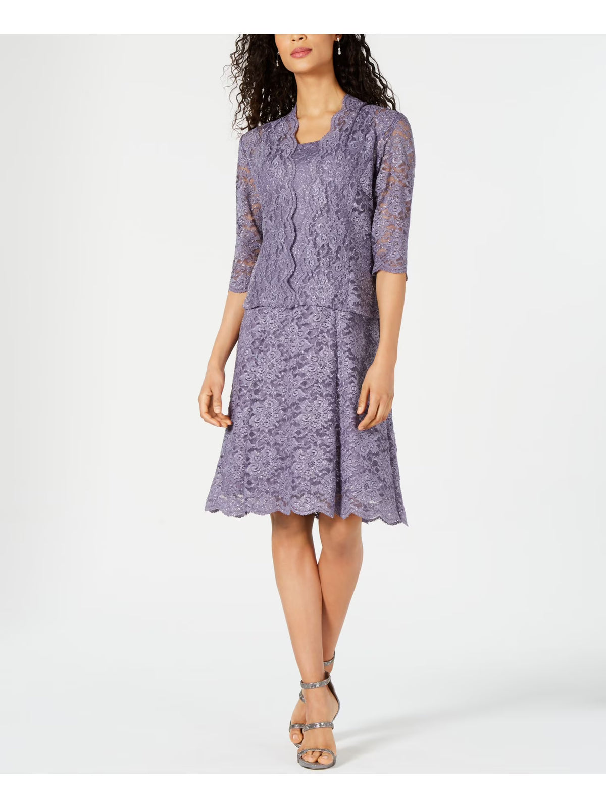 Purple Lace Glitter 3/4 Sleeve Scoop Neck Party Blouson Dress Z639