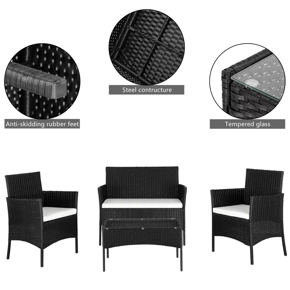 4 Pcs Black Rattan Wicker Patio Conversation Set with Tempered Glass Table S93765