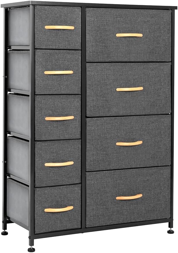 Gray 9 Drawers Vertical Dresser Storage Tower with Steel Frame and Fabric Bins L56702