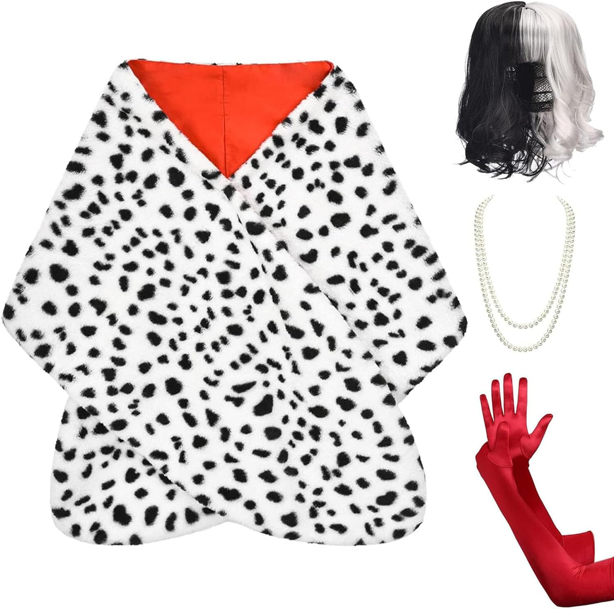 Black and White Wig, Dalmatian Shawl, Red Gloves, Necklace and Wig Cap Accessories L8436