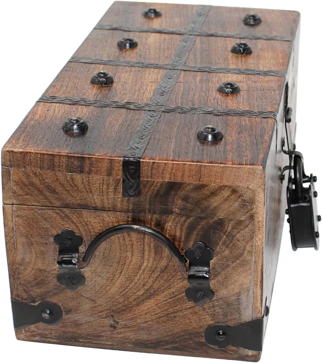Treasure Chest Wooden Box with Antique Iron Lock and Skeleton Key W5908