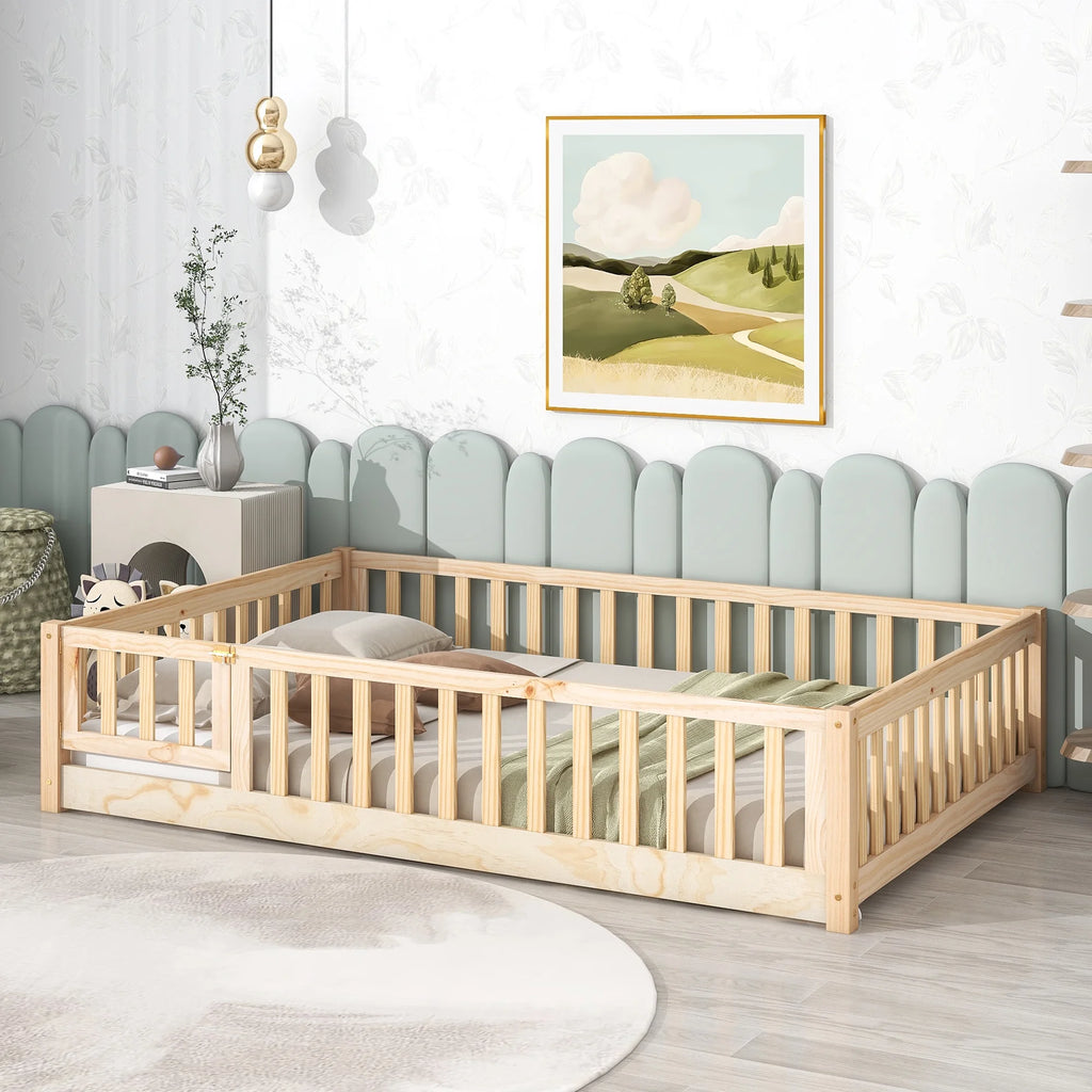 Gray Full Size Wood Platform Bed with Fence and Door G169955