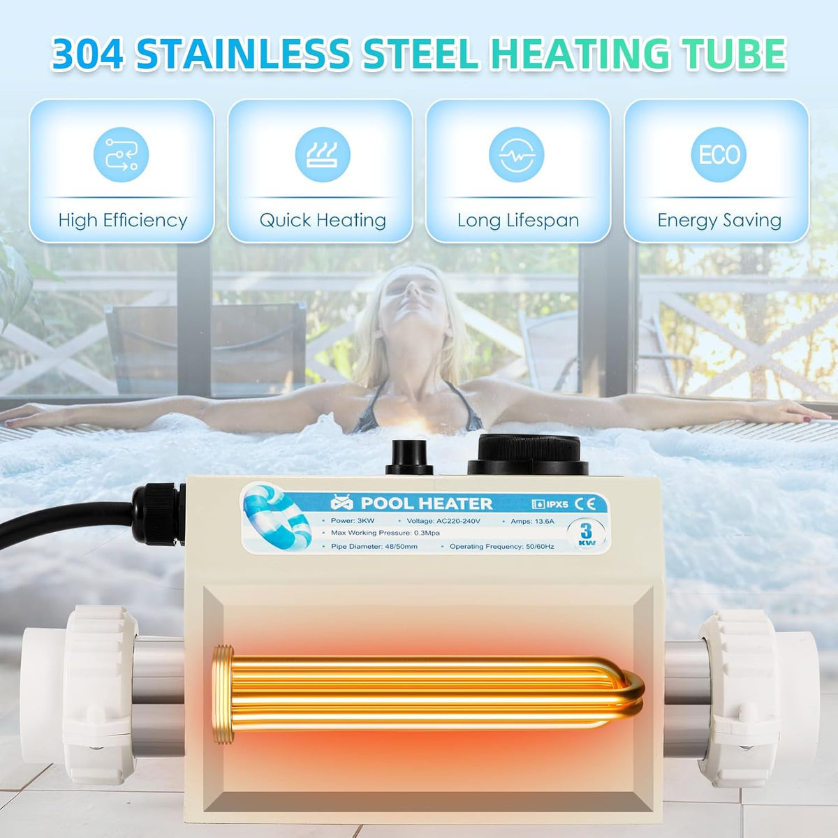 3KW 220V Electric Pool Heater with Adjustable Temperature Control T64189