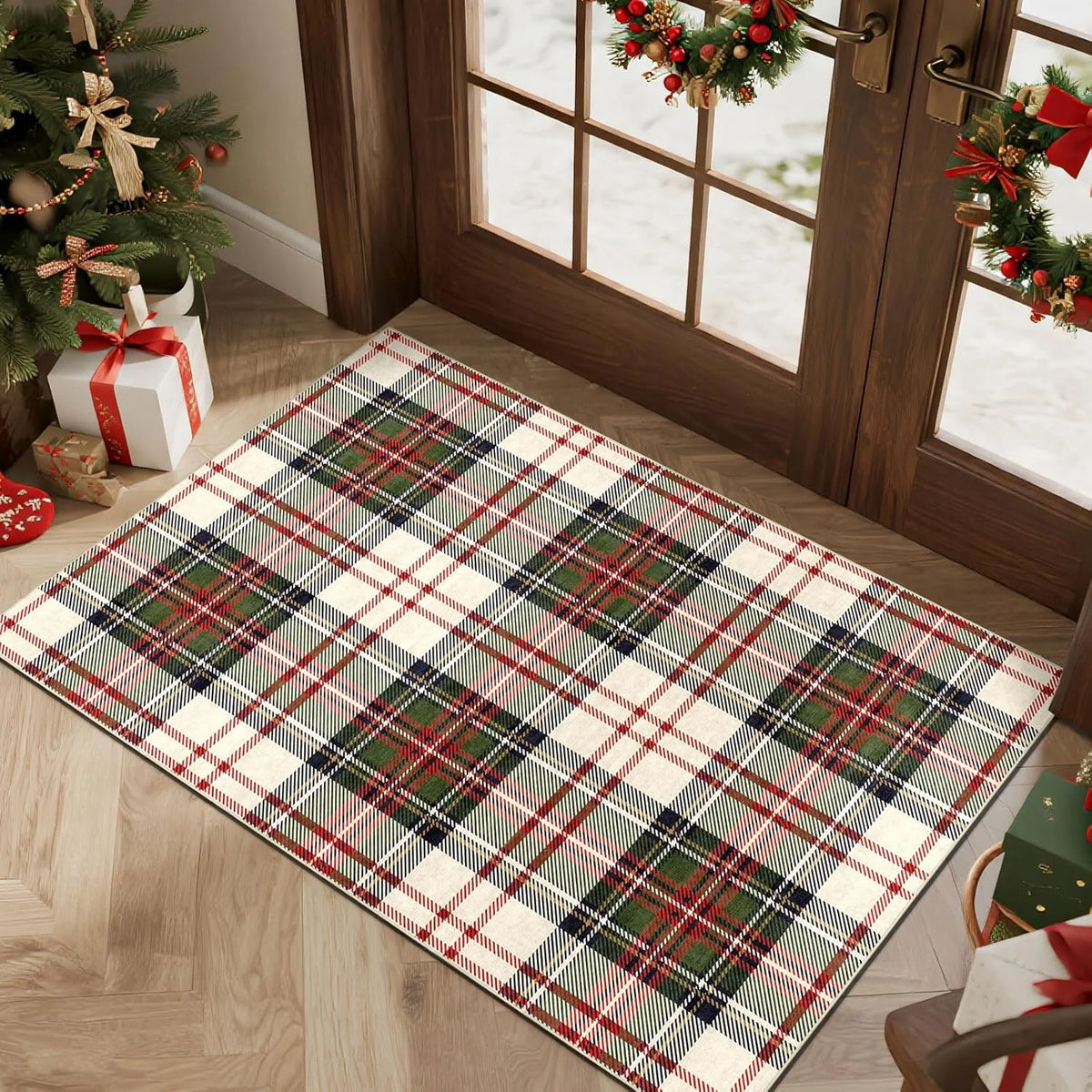 Christmas 3x5 Washable Non-Slip Tartan Plaid Entry Rug Q712