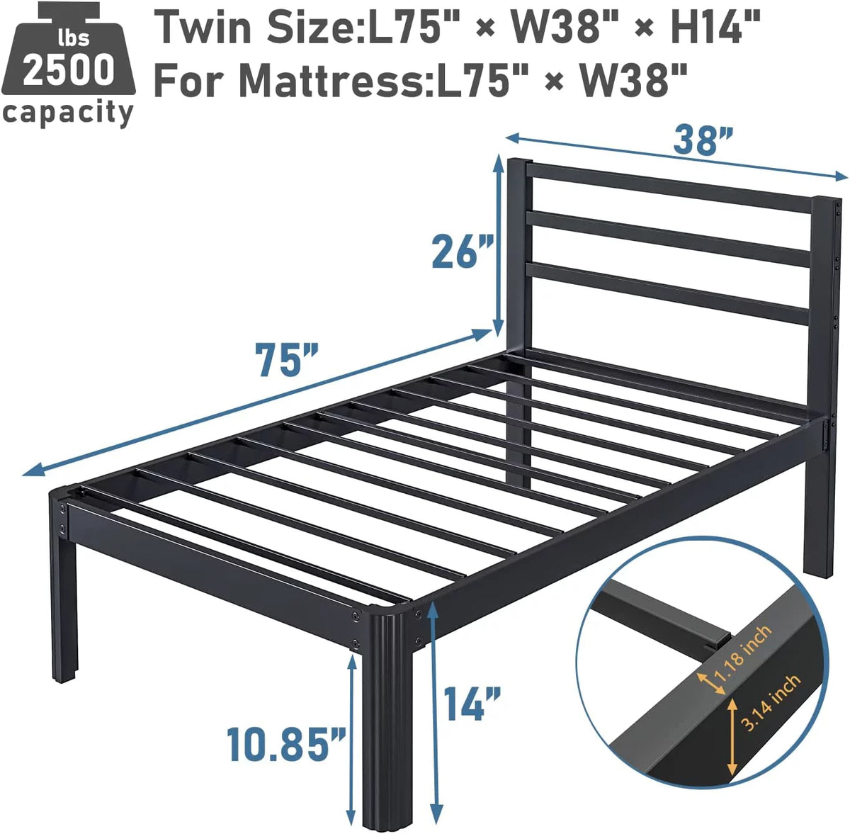 14 Inch Heavy Duty Metal Platform Bed Frame with Headboard S412967