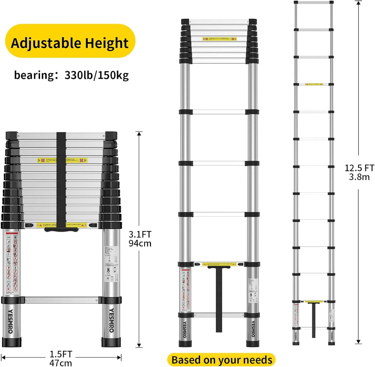 Telescoping Ladder 12.5ft, Aluminum Collapsible, Heavy Duty 330lbs, Non-Slip T464025