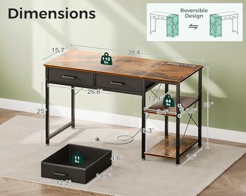 40 Inch White Small Computer Desk With Drawers & Power Outlet W5703